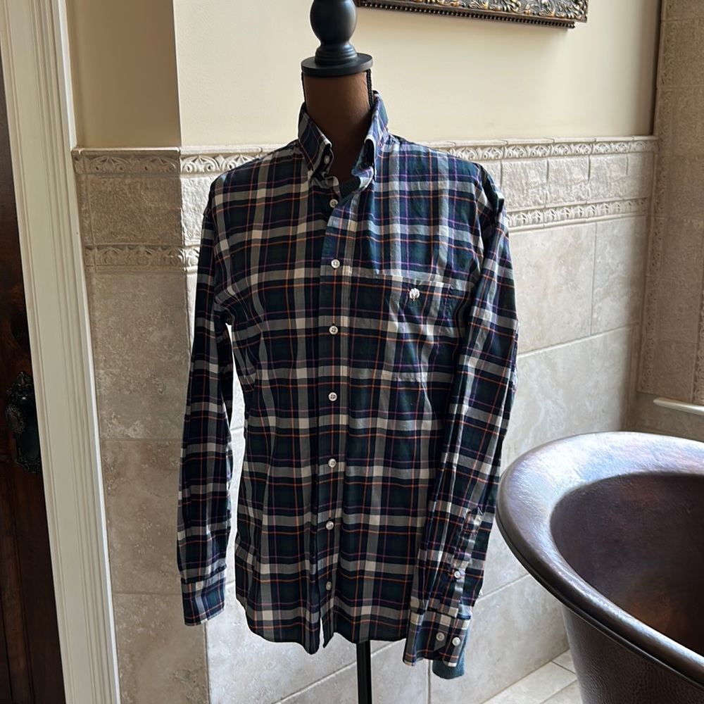 Cotton Brothers Button Down Shirt Plaid Navy Sz M
